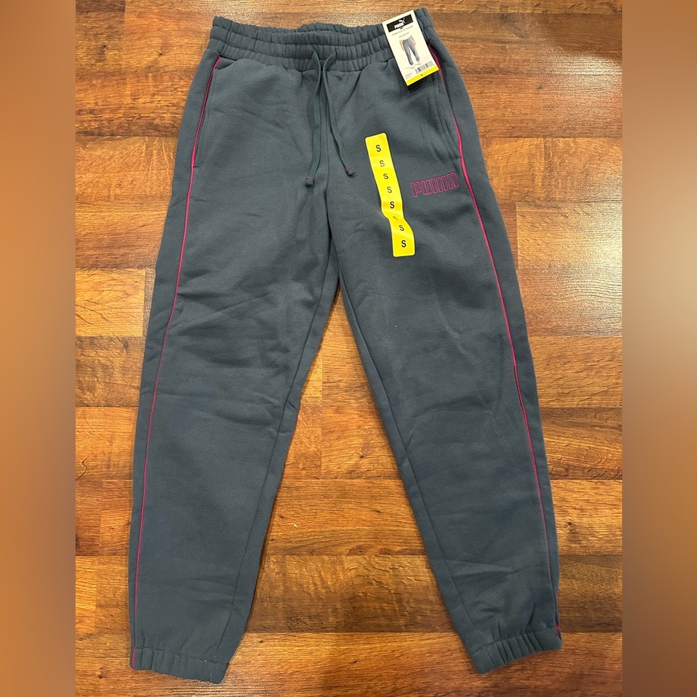PUMA Women's Fleece Blue Jogger Drawcord Side Pockets Elastic Ankle Cuff Small